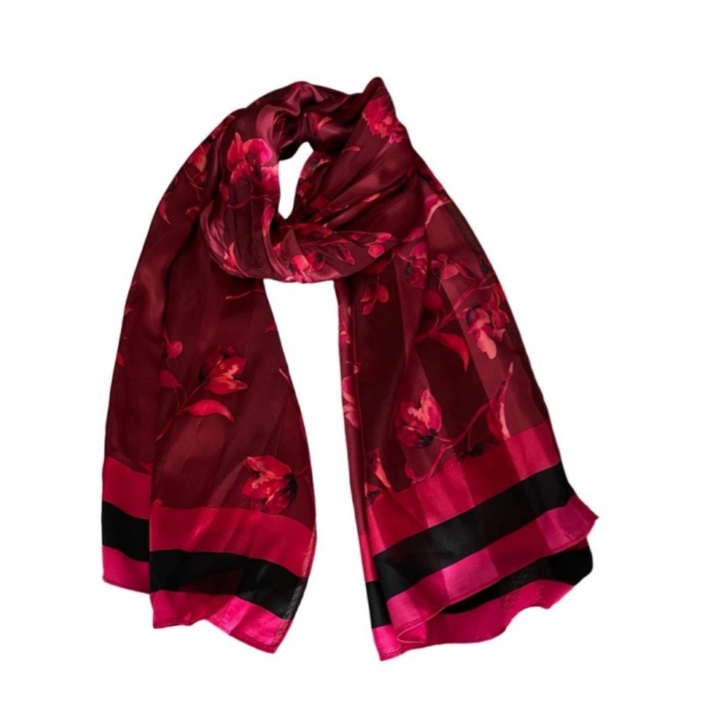 Floral Scarf Oblong Wrap Black Border Red Pink